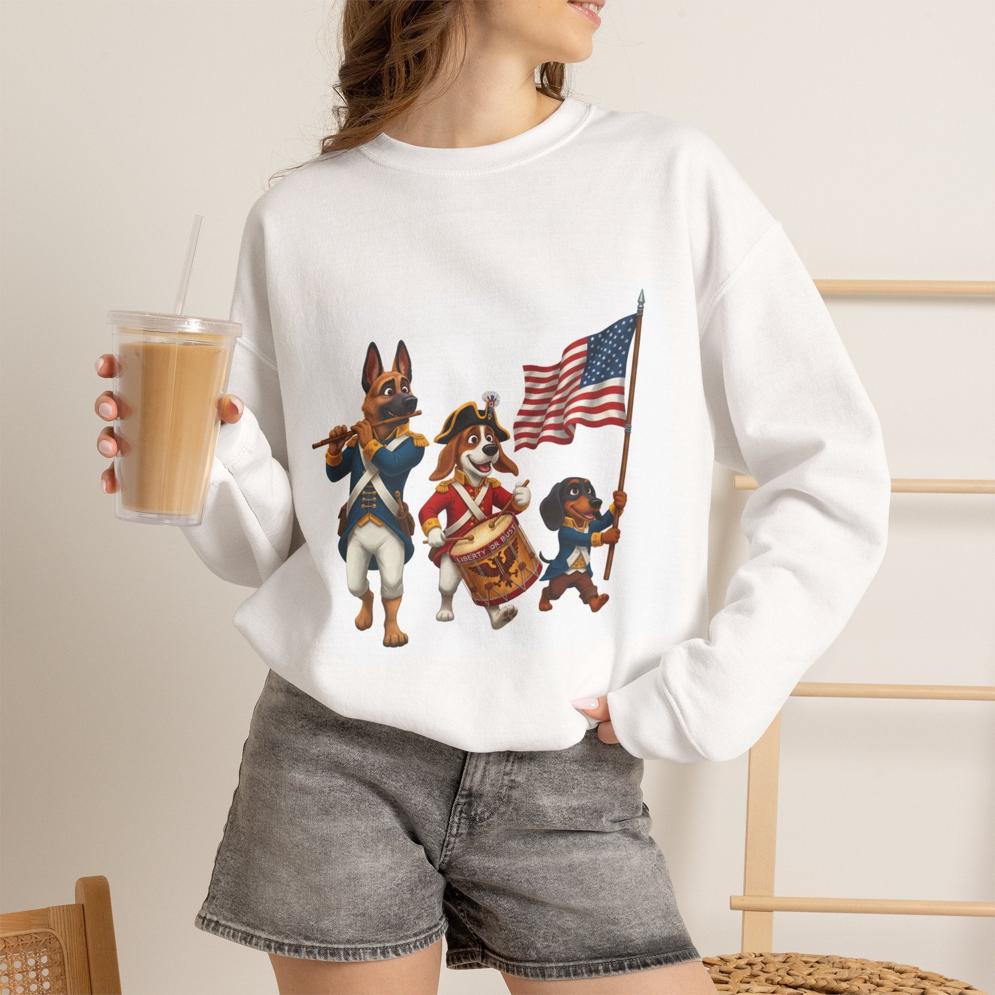 Patriotic Dogs March Crewneck Sweatshirt — Flag-Bearing Drummer & Fifer Design