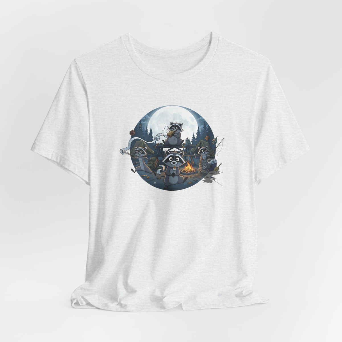 Moonlit Raccoon Camp Raiders Tee — Night Adventure Wildlife T-Shirt