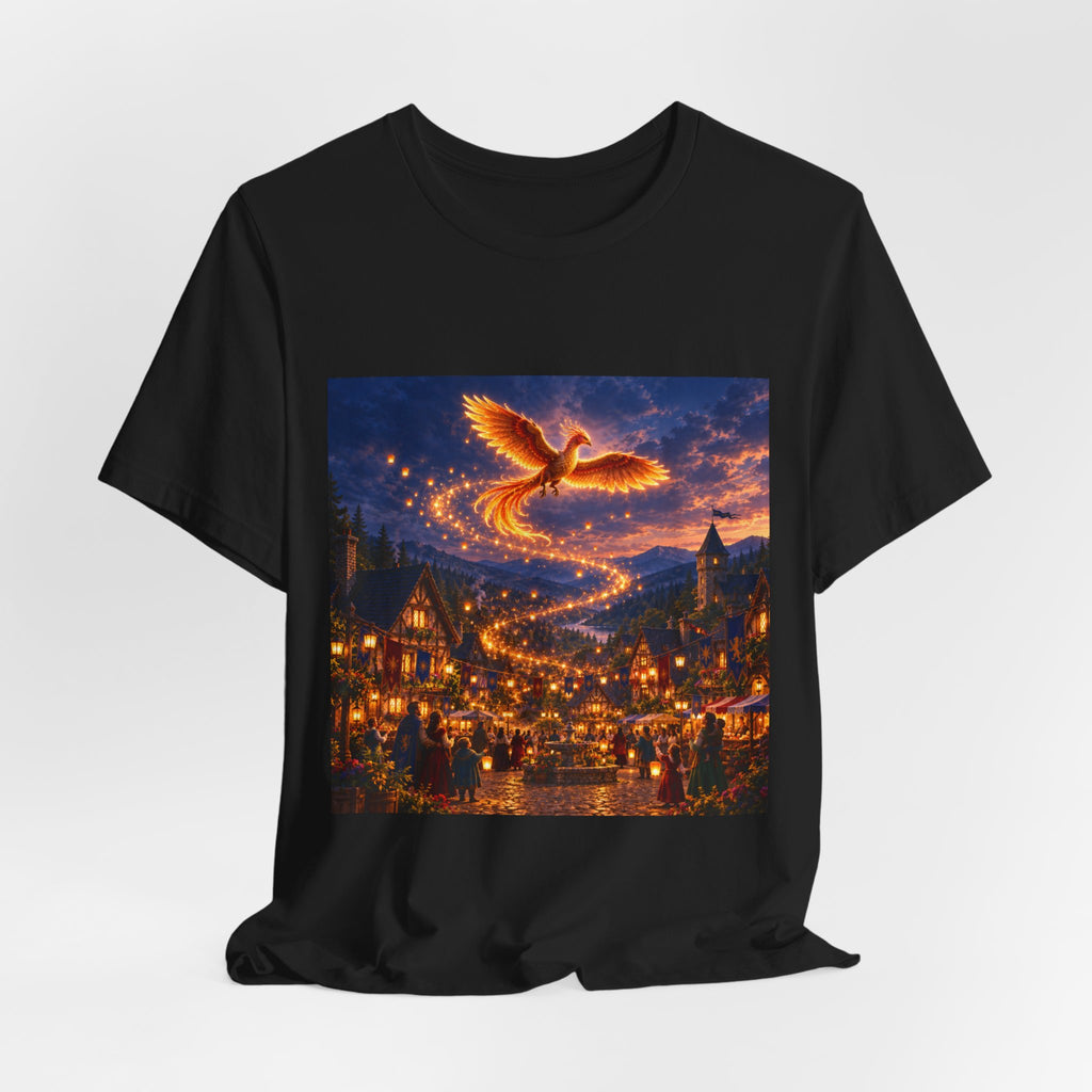 Phoenix Nightscape T-Shirt — Magical Flaming Bird Over Lit Village