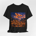 Phoenix Nightscape T-Shirt — Magical Flaming Bird Over Lit Village