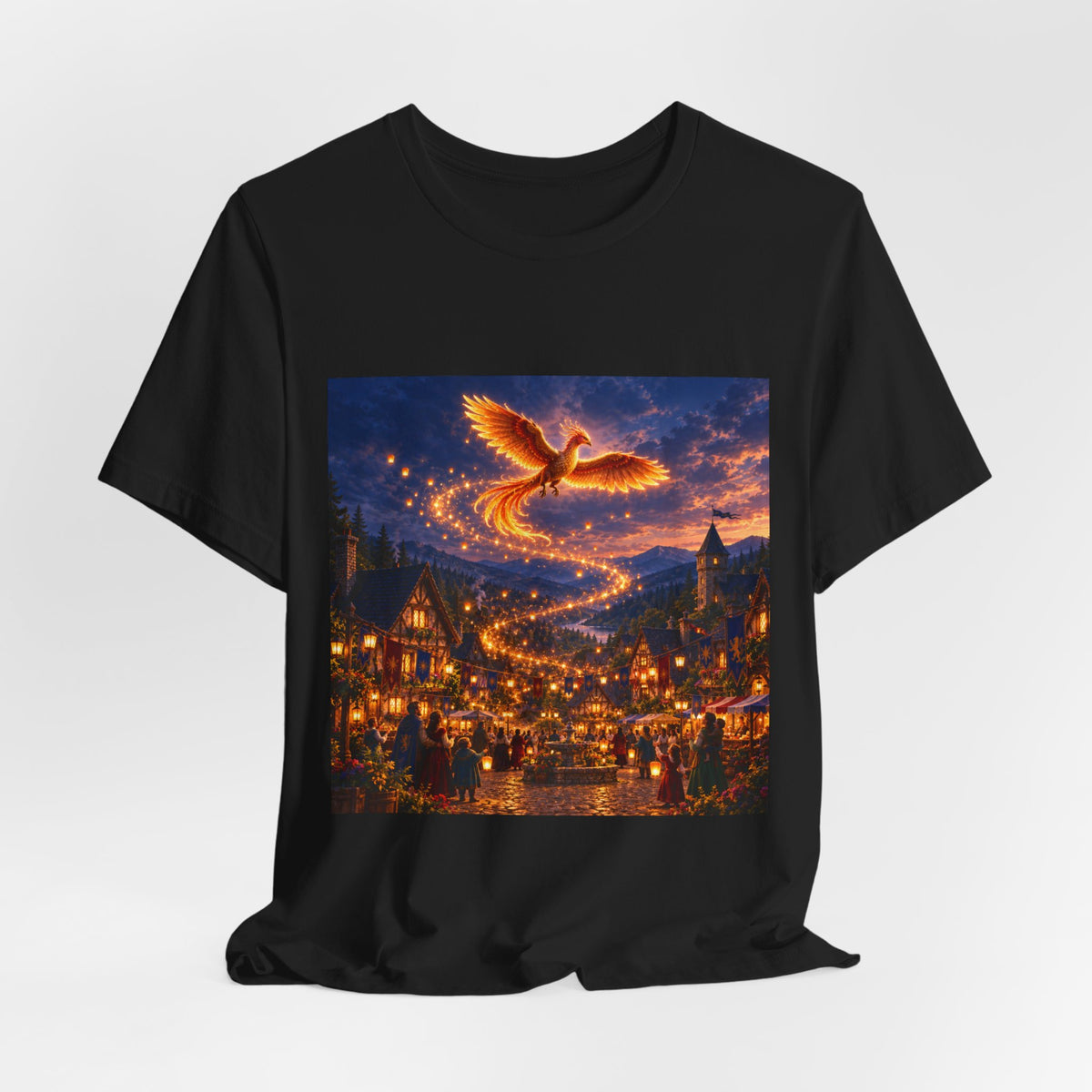 Phoenix Nightscape T-Shirt — Magical Flaming Bird Over Lit Village