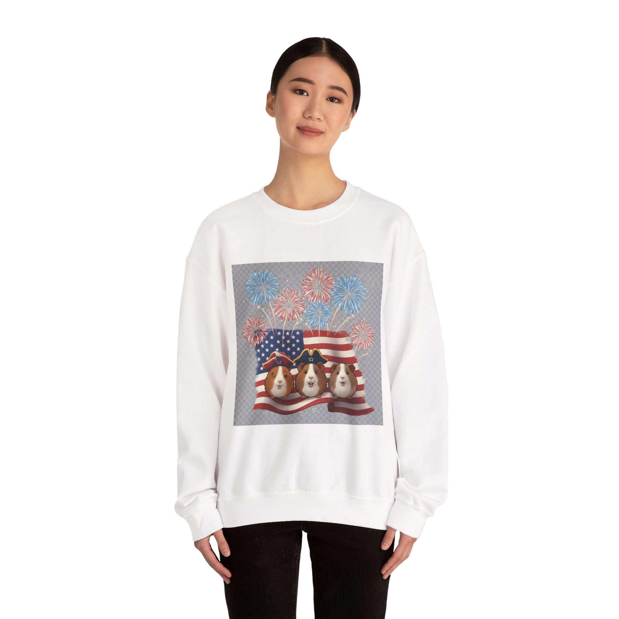 Patriotic Guinea Pig Crewneck Sweatshirt - USA Flag & Fireworks Design