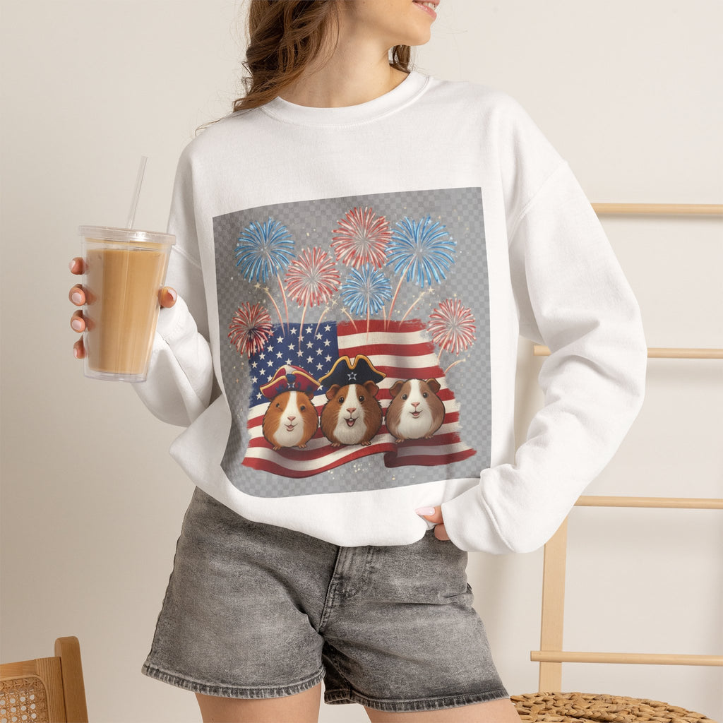 Patriotic Guinea Pig Crewneck Sweatshirt - USA Flag & Fireworks Design