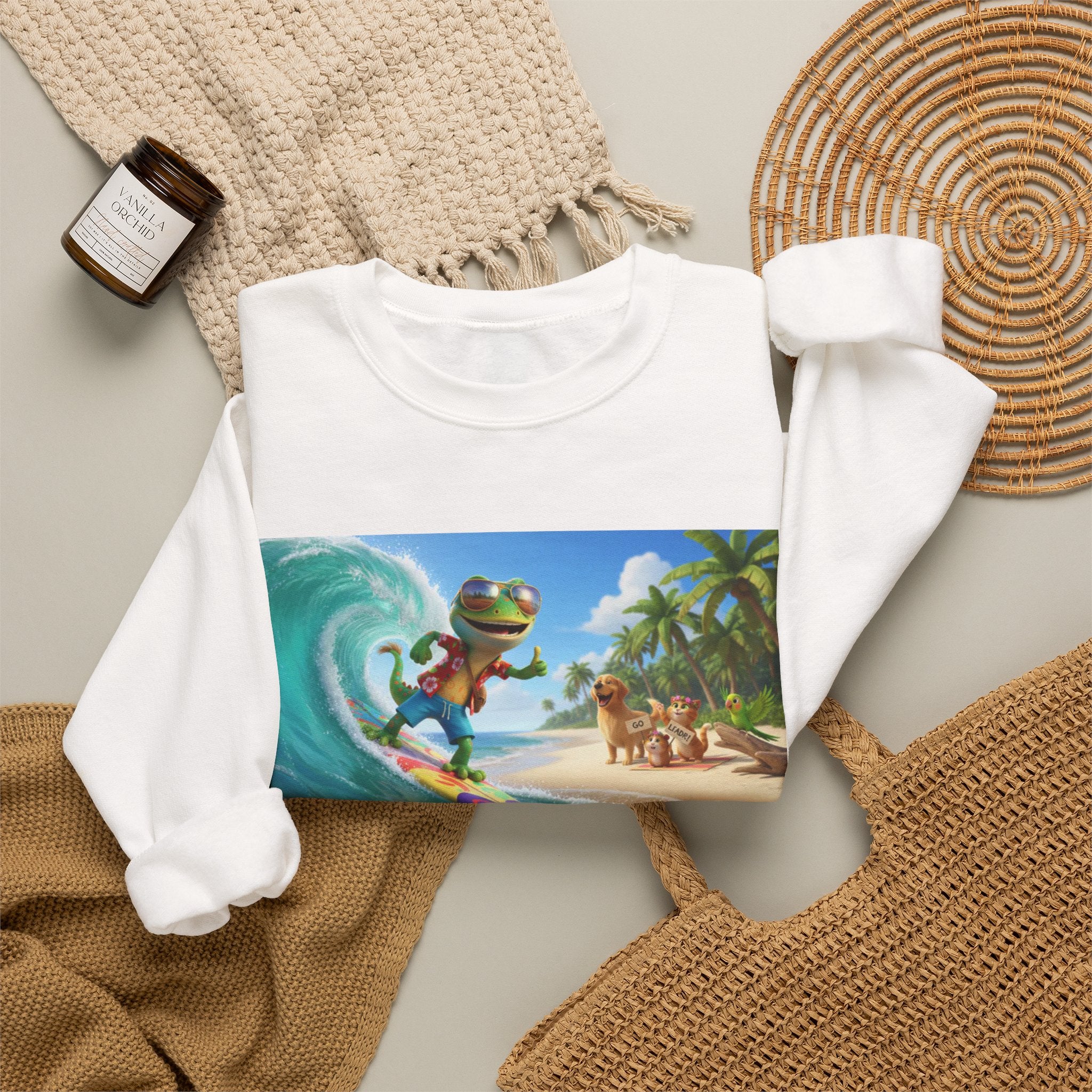 Lizard Surfing Crewneck Sweatshirt — Tropical Beach Surf Graphic