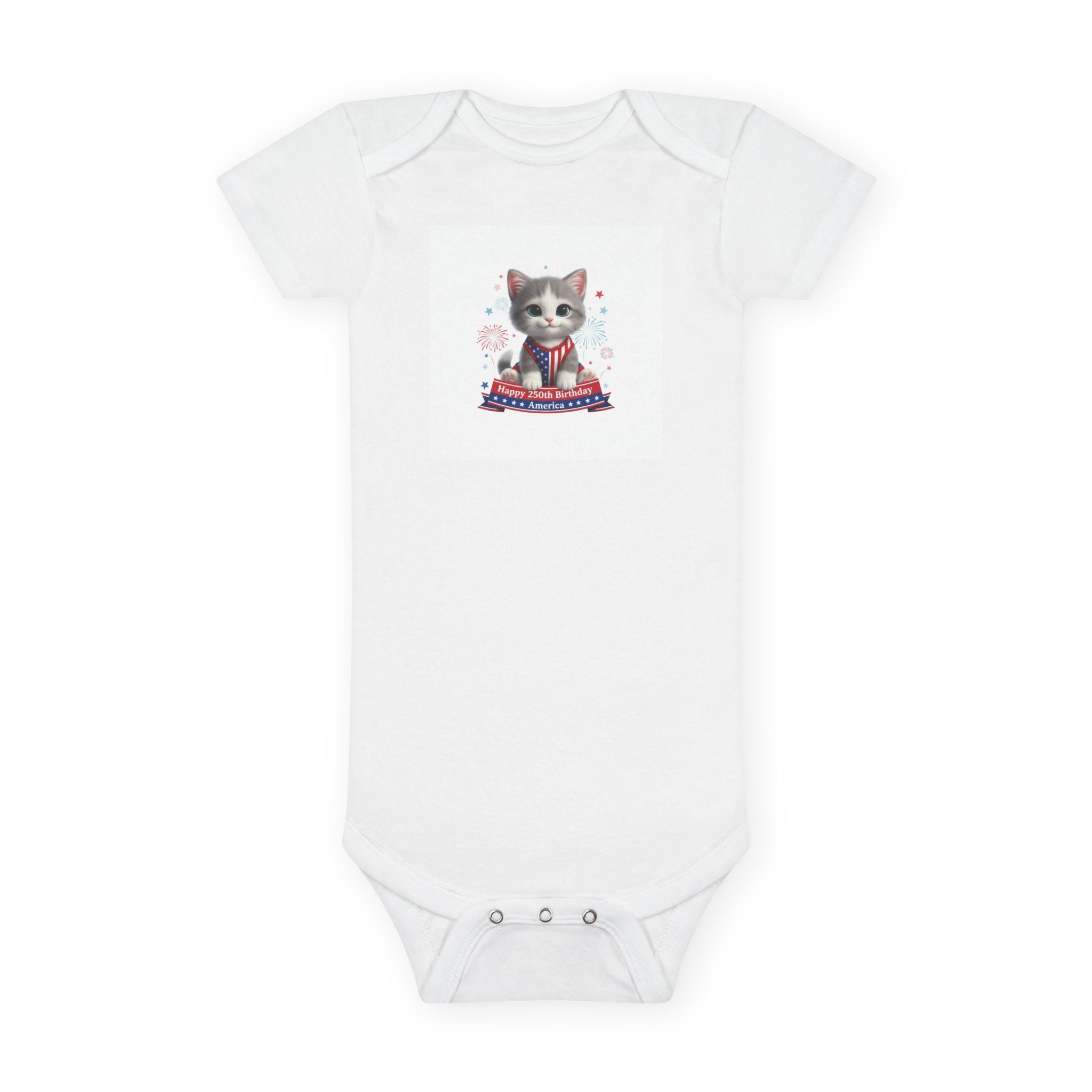 Kitten Baby Onesie – Cute Kitten with Happy 250th Birthday America Infant Short Sleeve Bodysuit