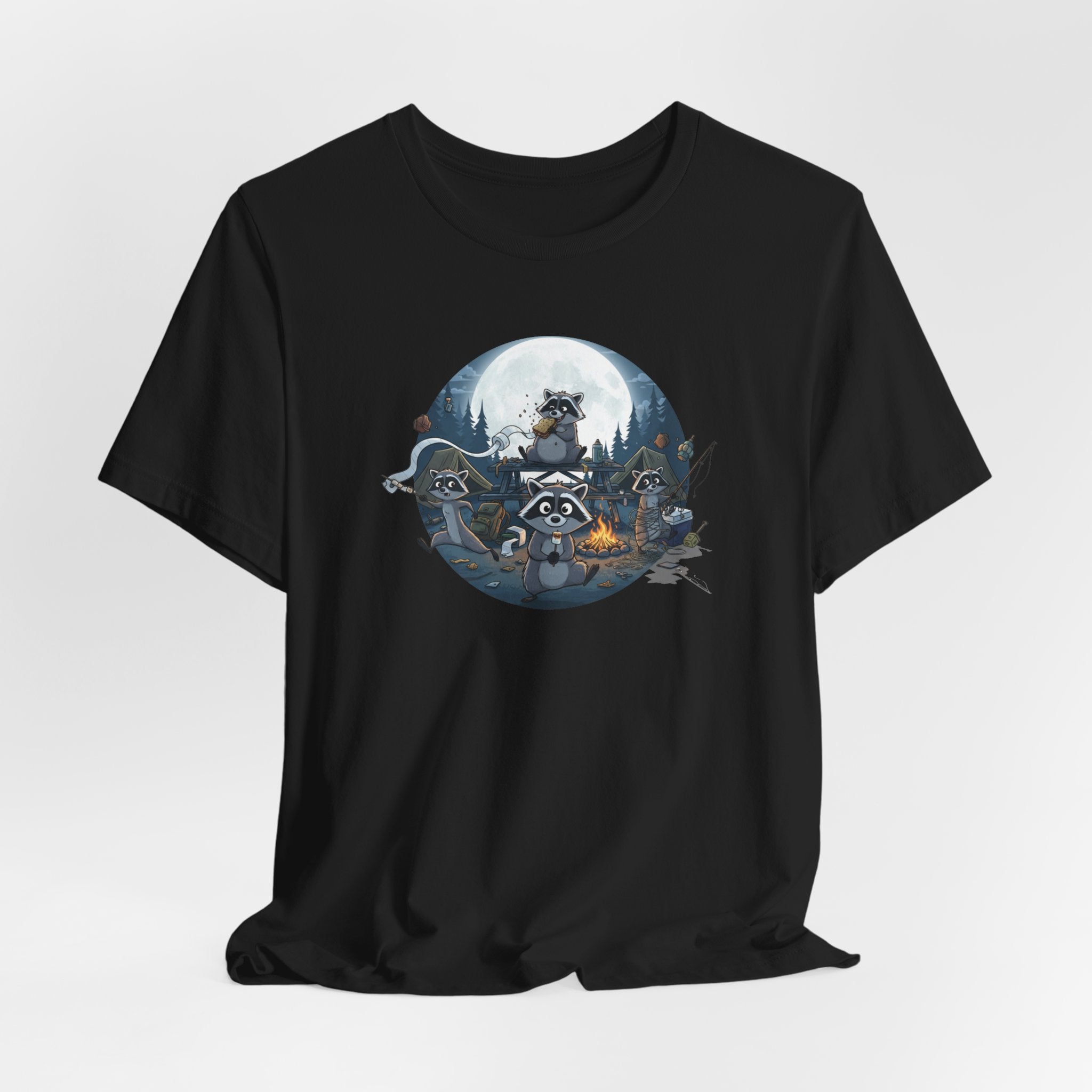 Moonlit Raccoon Camp Raiders Tee — Night Adventure Wildlife T-Shirt