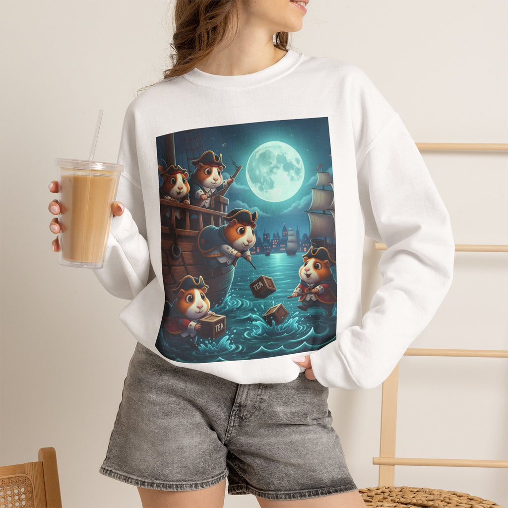 Guinea Pig Boston Tea Party Crewneck Sweatshirt — Cute Moonlit Nautical Adventure