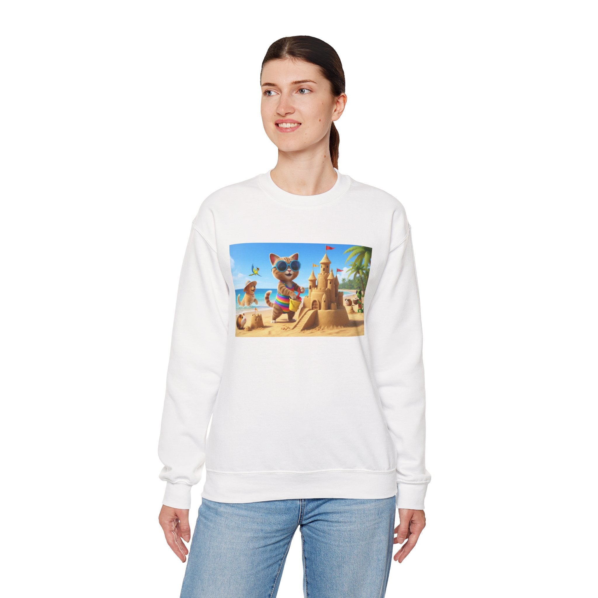 Beach Cat Sandcastle Sweatshirt — Cute Summer Cat Graphic Crewneck