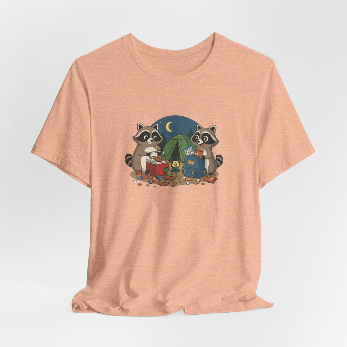 Camping Raccoons Graphic Tee – Cute Nighttime Tent & Marshmallow Illustration