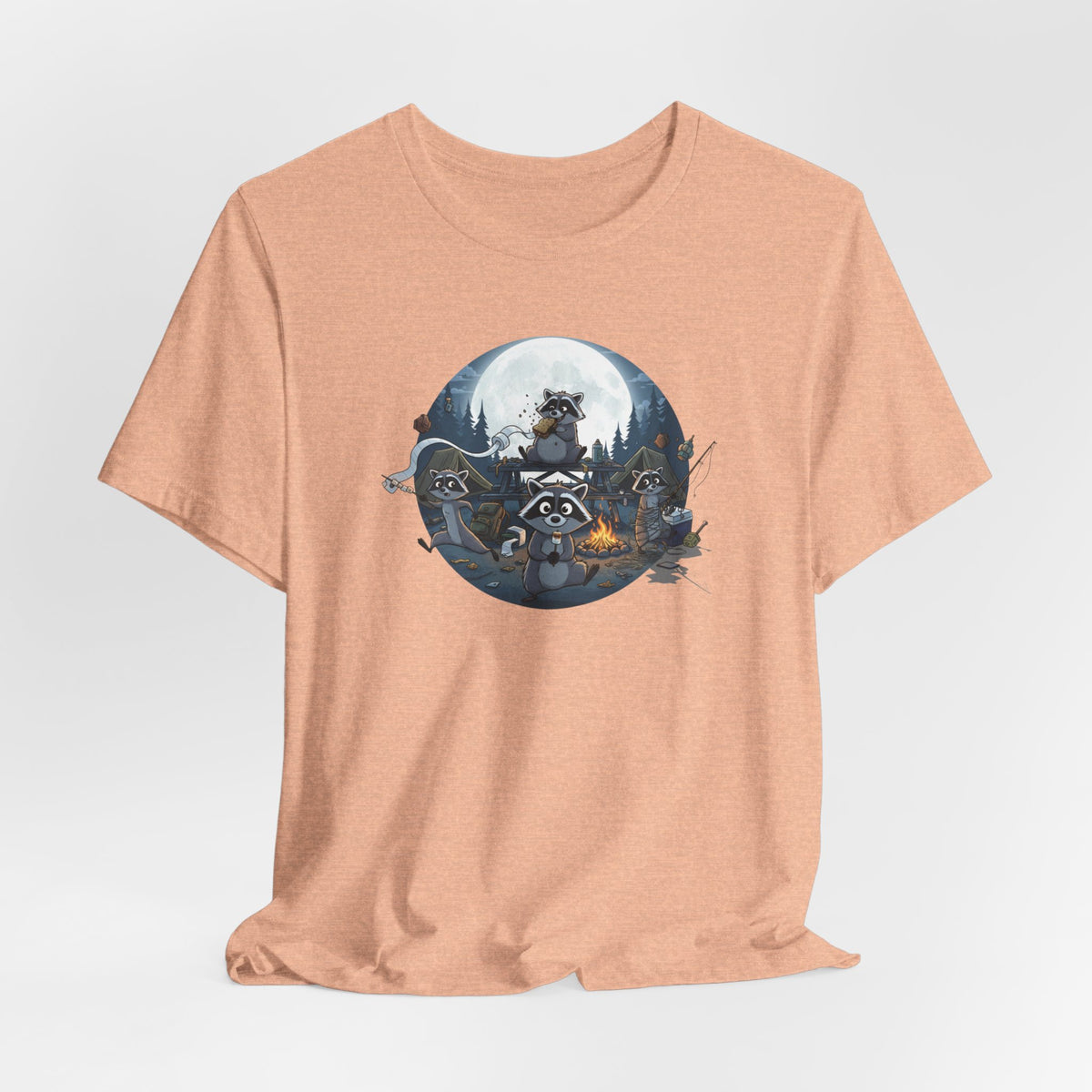 Moonlit Raccoon Camp Raiders Tee — Night Adventure Wildlife T-Shirt