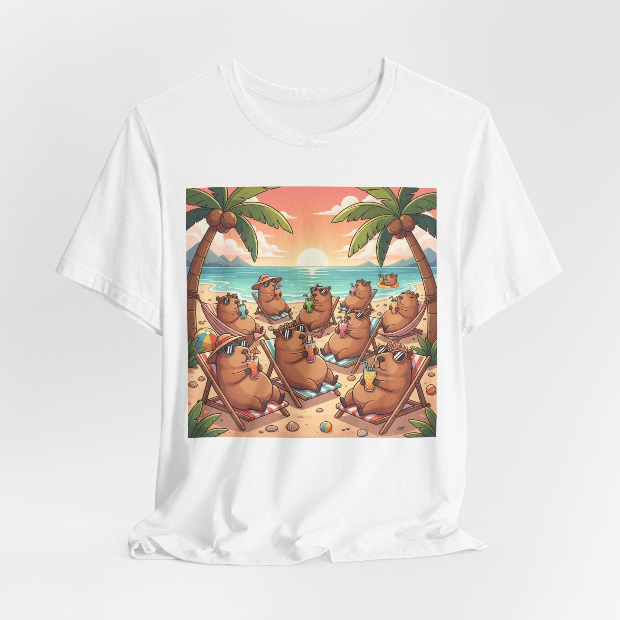 Capybaras on the Beach T-Shirt — Cute Sunset Palm Beachwear