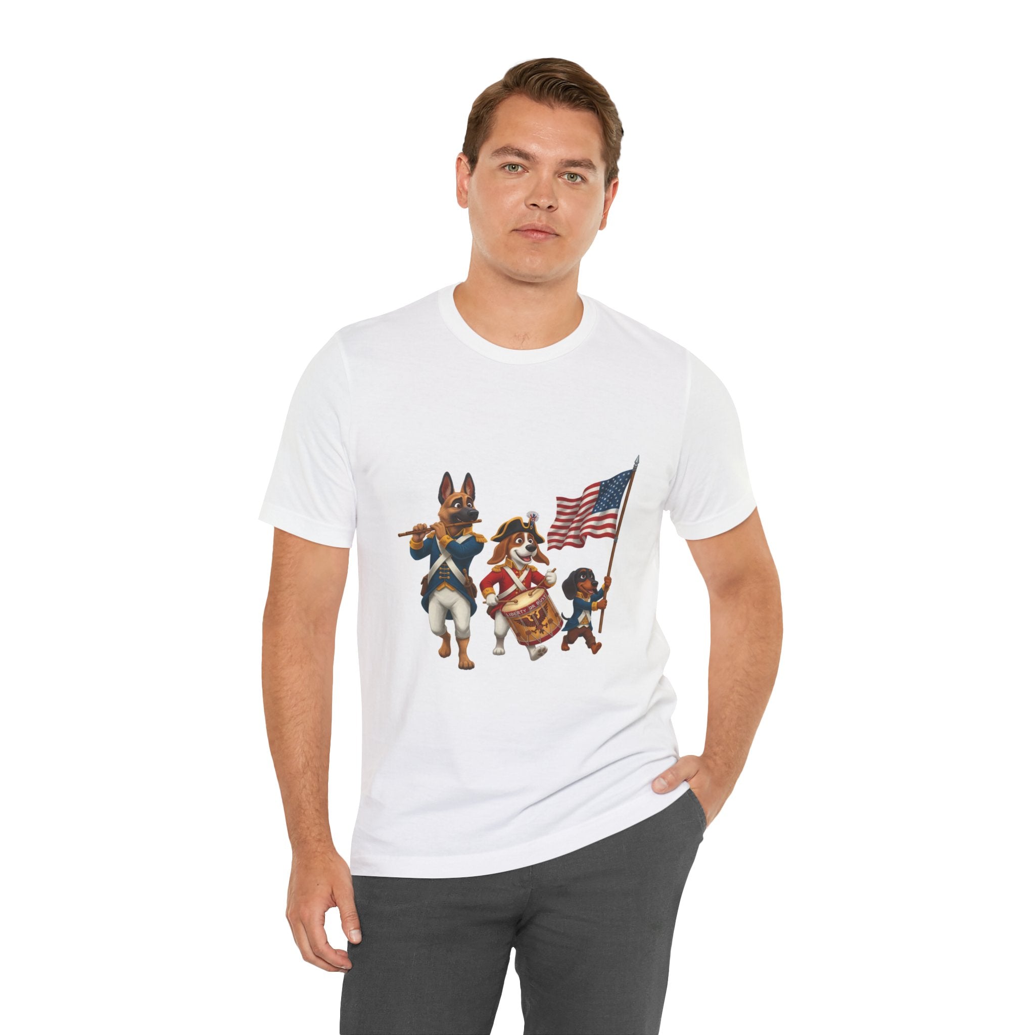 Patriotic Dogs Marching Tee — American Flag Drum & Fife Graphic T-Shirt
