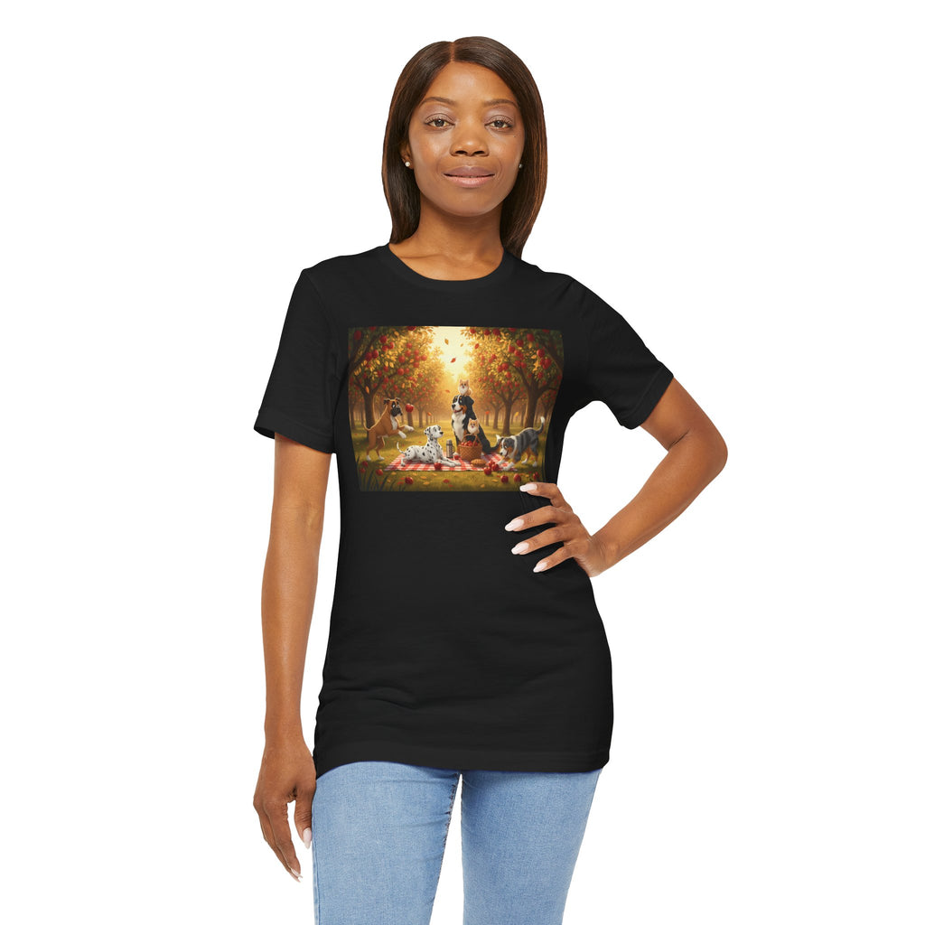 Dogs Autumn Picnic T‑Shirt — Cozy Fall Forest Canine Scene