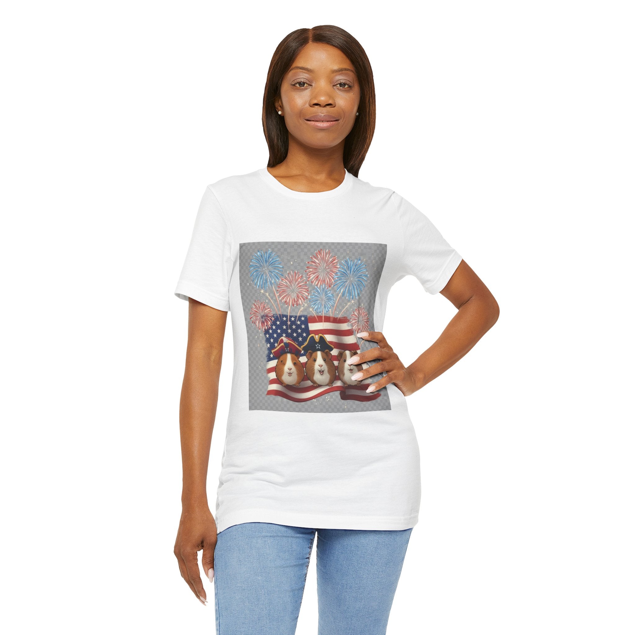 Patriotic Guinea Pig Tee – USA Flag, Fireworks & 3 Cute Guinea Pigs