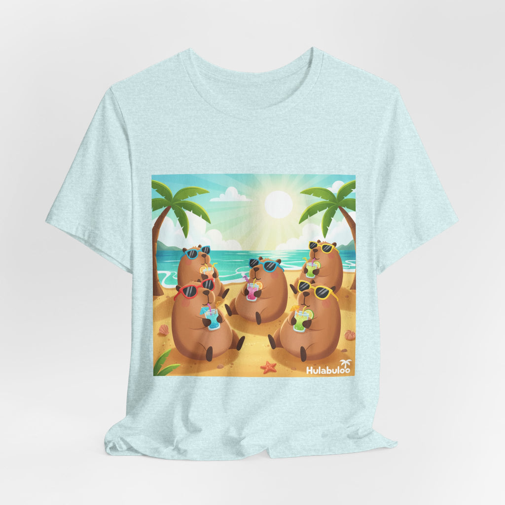 Capybara at the Beach Crew T‑Shirt — Cute Capybaras Sipping Cocktails Summer Tee