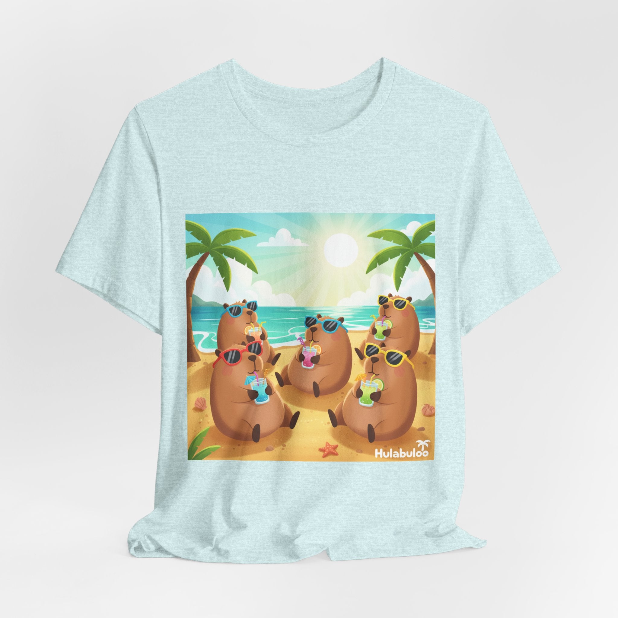 Capybara at the Beach Crew T‑Shirt — Cute Capybaras Sipping Cocktails Summer Tee