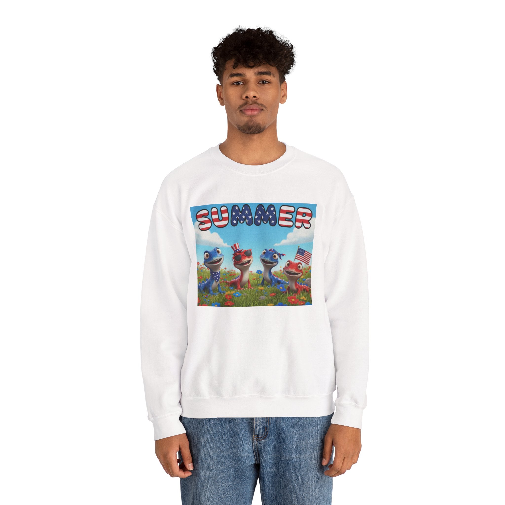 Lizard Meadow Family Summer Crewneck Sweatshirt - Colorful Patriotic Cartoon Sweatshirt