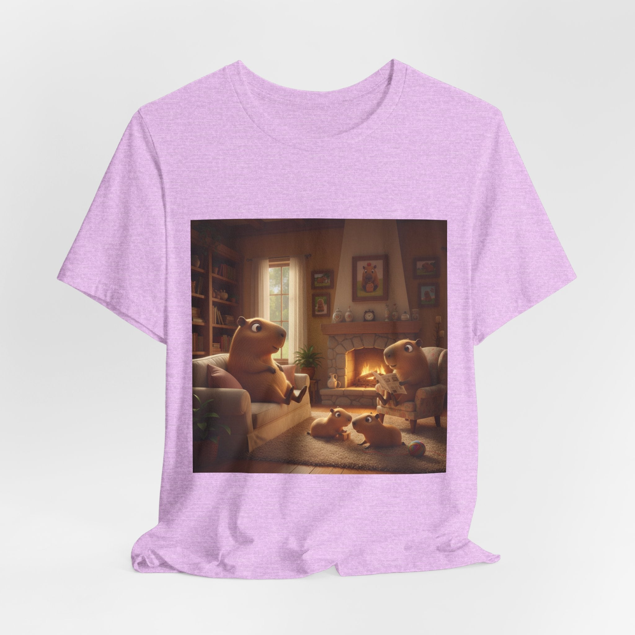 Capybara Family T‑Shirt — Warm Fireplace Family Home Scene Tee