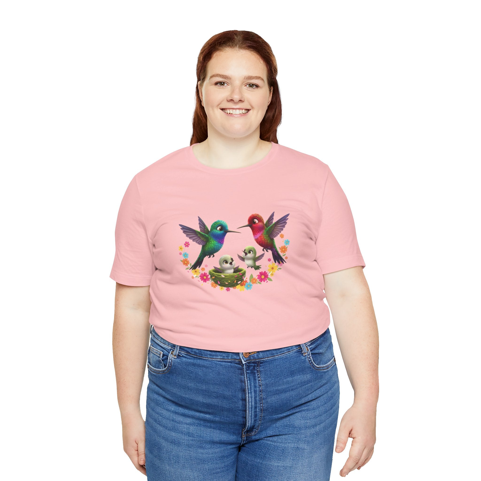 Hummingbird Family Tee — Colorful Mom, Dad & Baby Nest Floral T-Shirt