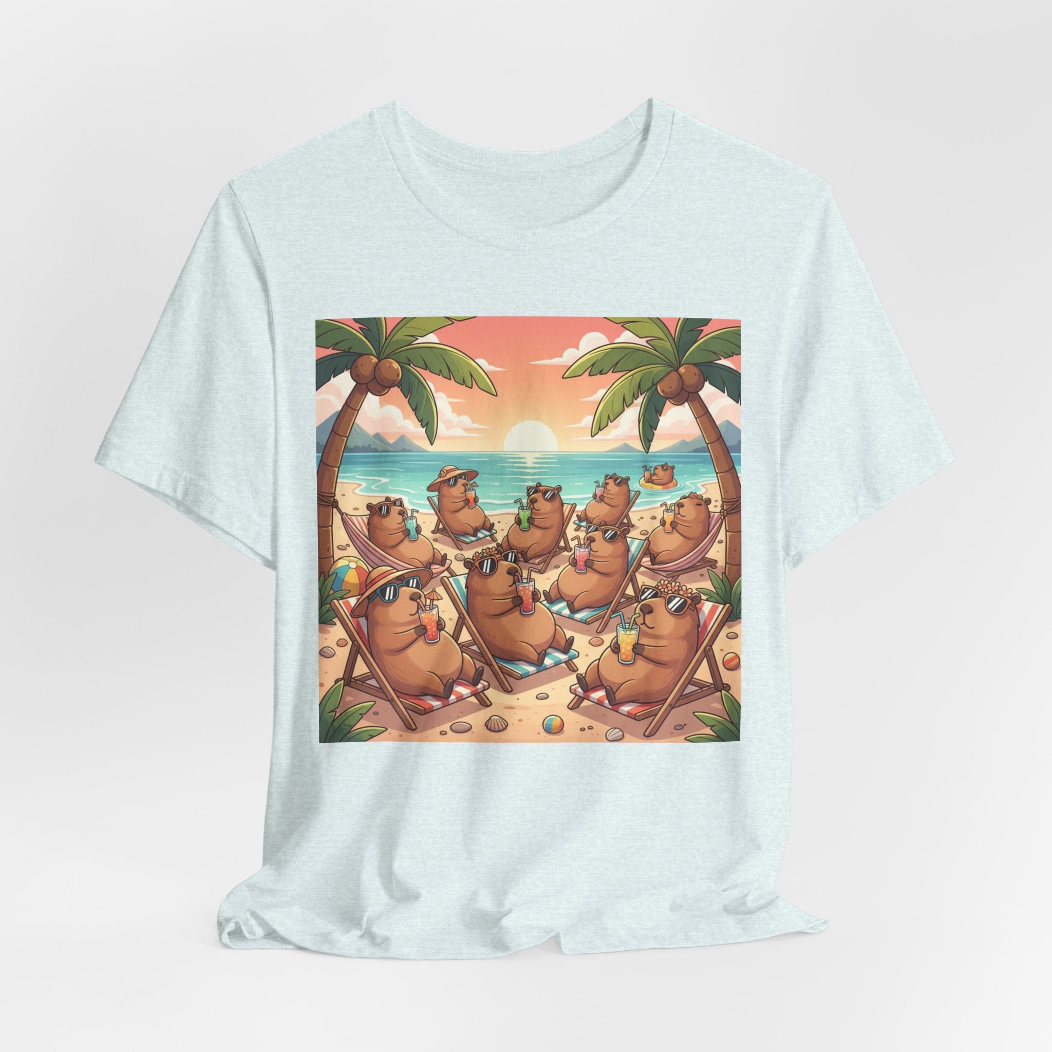 Capybaras on the Beach T-Shirt — Cute Sunset Palm Beachwear