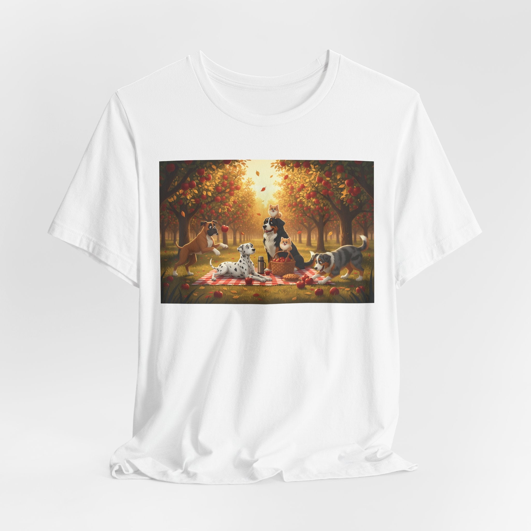 Dogs Autumn Picnic T‑Shirt — Cozy Fall Forest Canine Scene