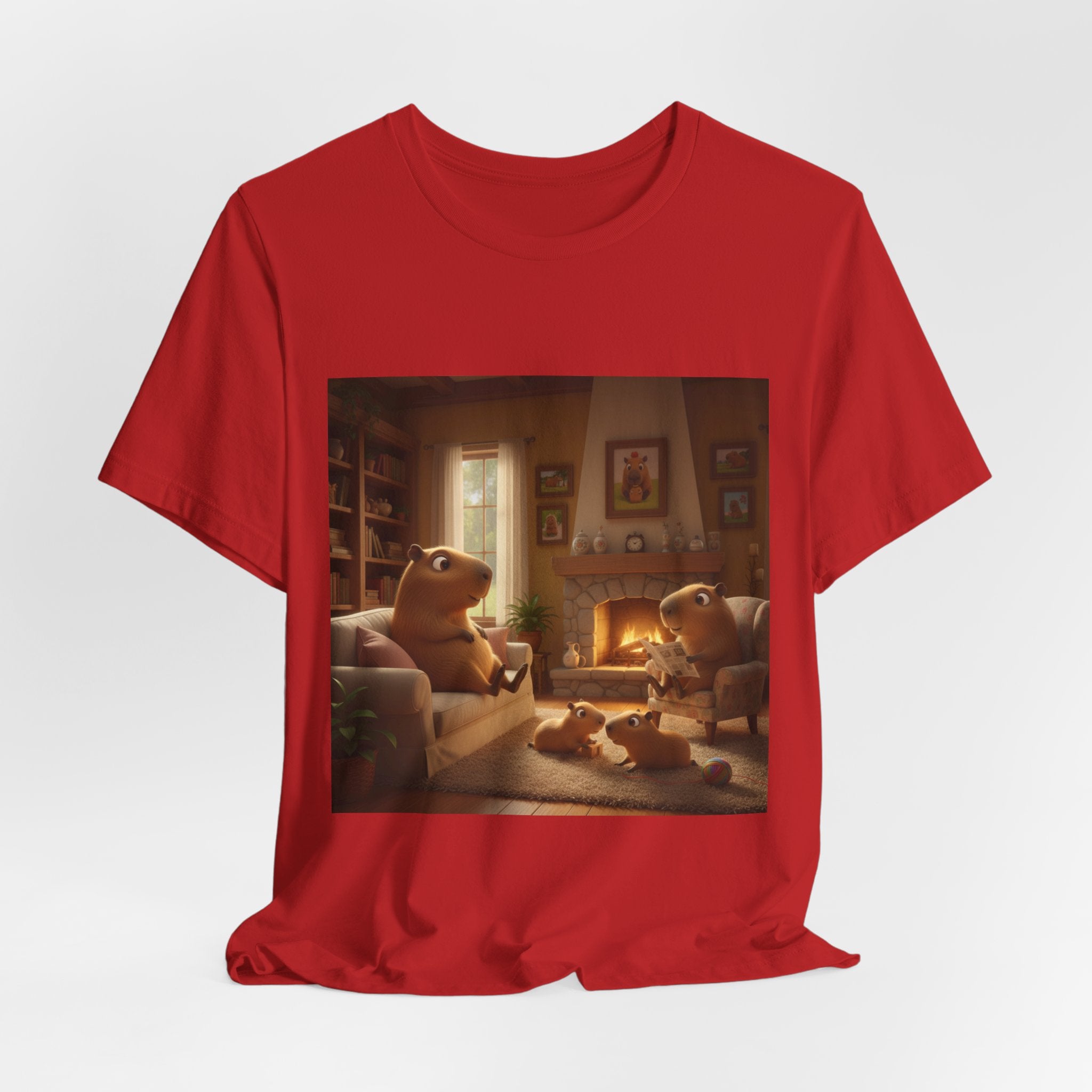 Capybara Family T‑Shirt — Warm Fireplace Family Home Scene Tee