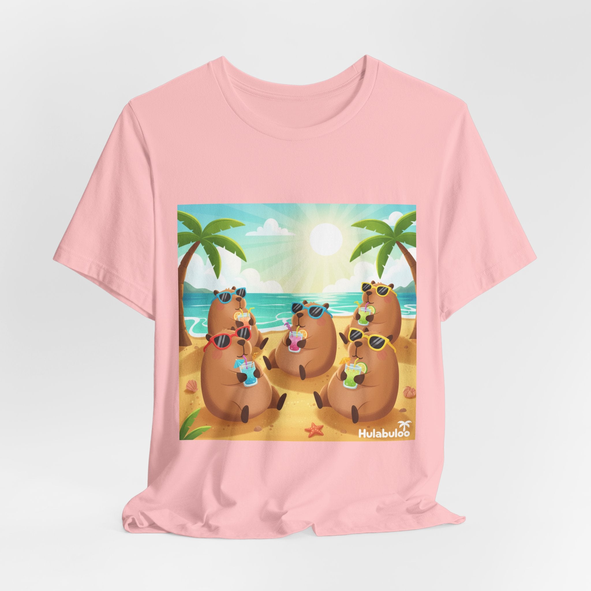 Capybara at the Beach Crew T‑Shirt — Cute Capybaras Sipping Cocktails Summer Tee