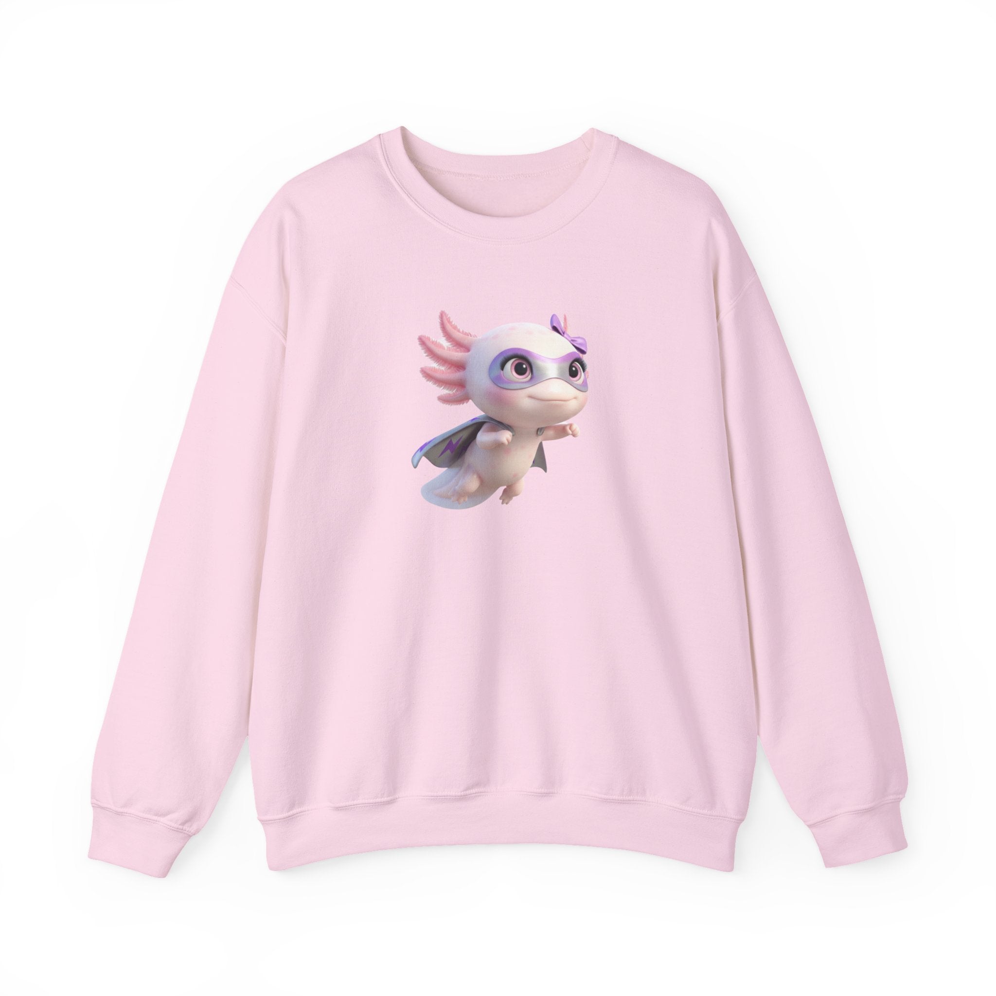 Axolotl Superhero Girl Flying Crewneck Sweatshirt — Cute Pastel Axolotl Design