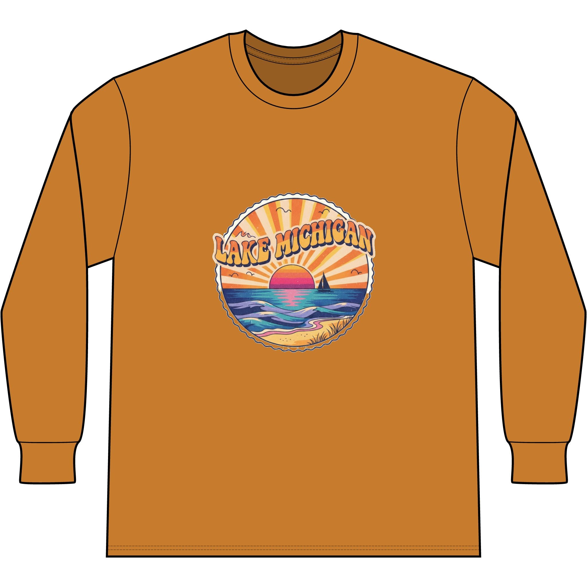 Lake Michigan Tie-Dye Long Sleeve Tee — Retro Sunset Beach Graphic