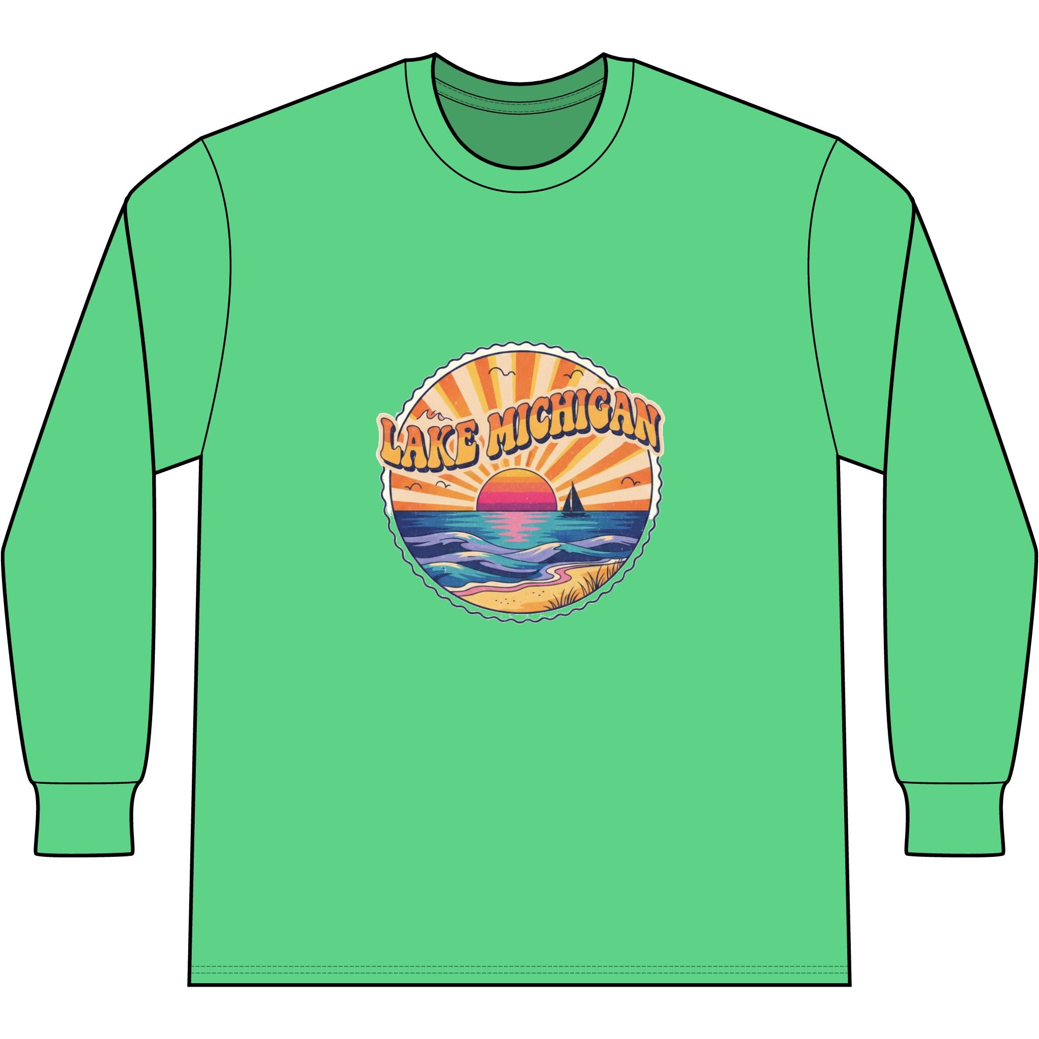 Lake Michigan Tie-Dye Long Sleeve Tee — Retro Sunset Beach Graphic