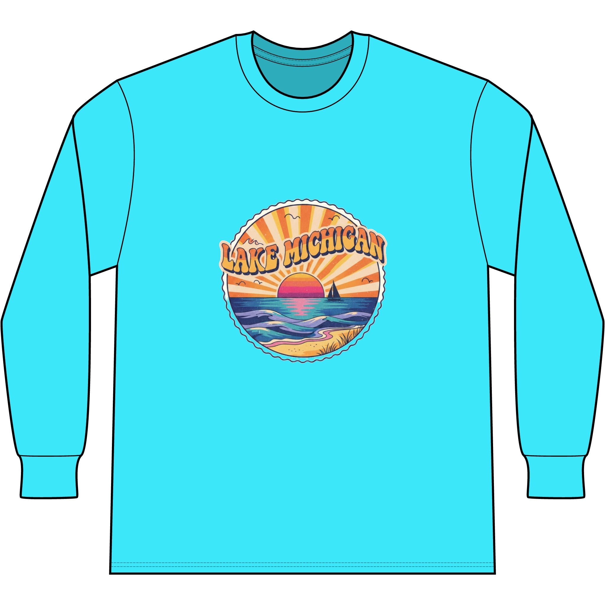 Lake Michigan Tie-Dye Long Sleeve Tee — Retro Sunset Beach Graphic