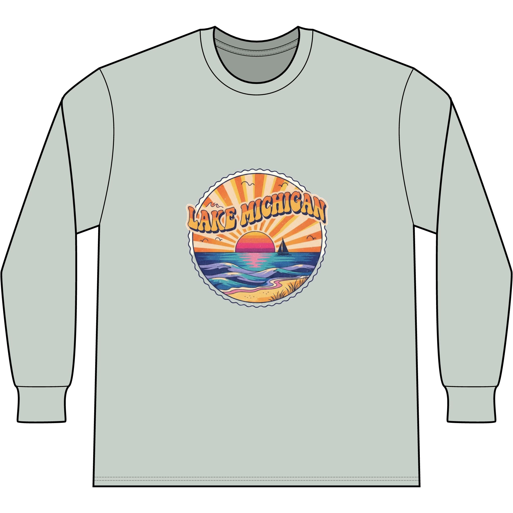 Lake Michigan Tie-Dye Long Sleeve Tee — Retro Sunset Beach Graphic
