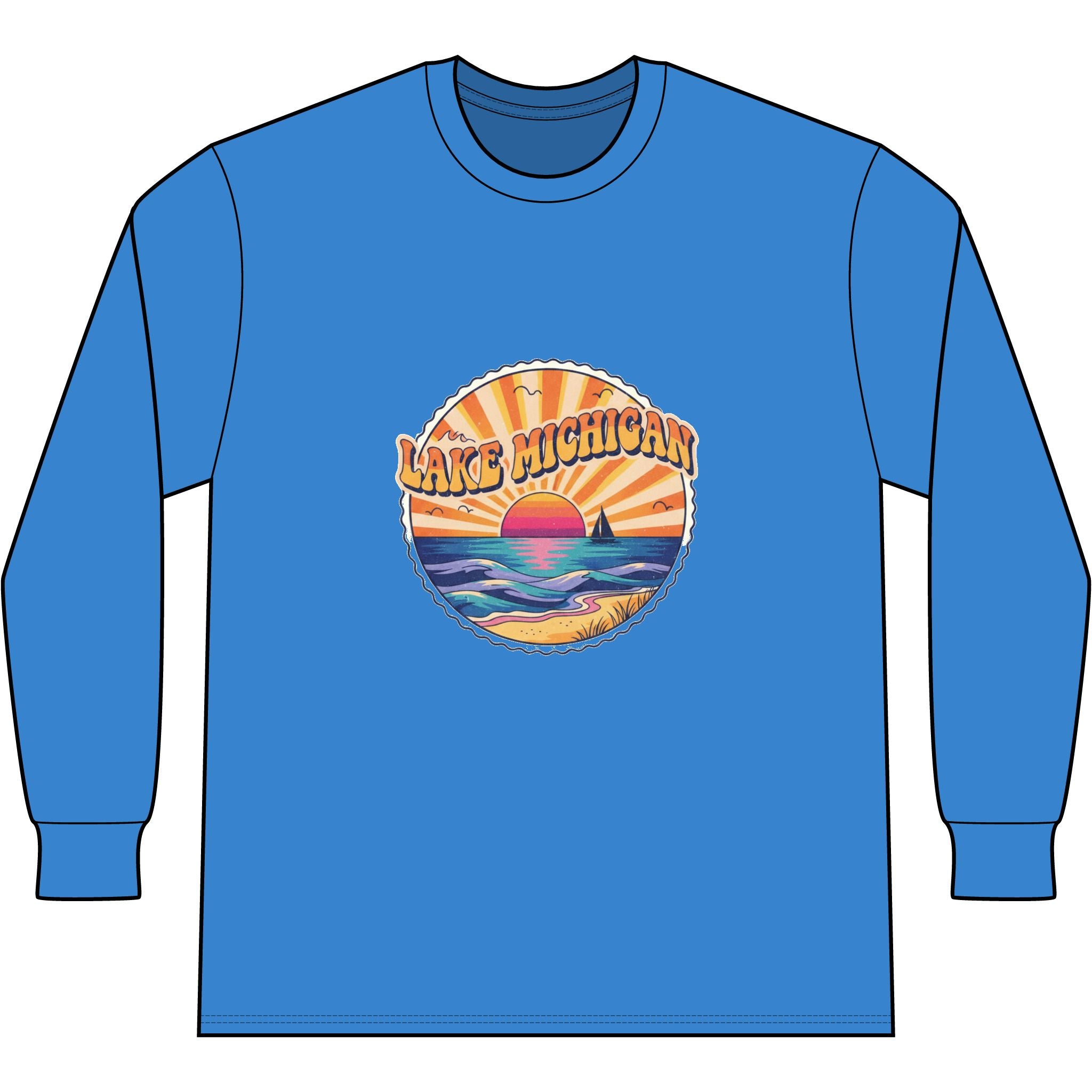 Lake Michigan Tie-Dye Long Sleeve Tee — Retro Sunset Beach Graphic