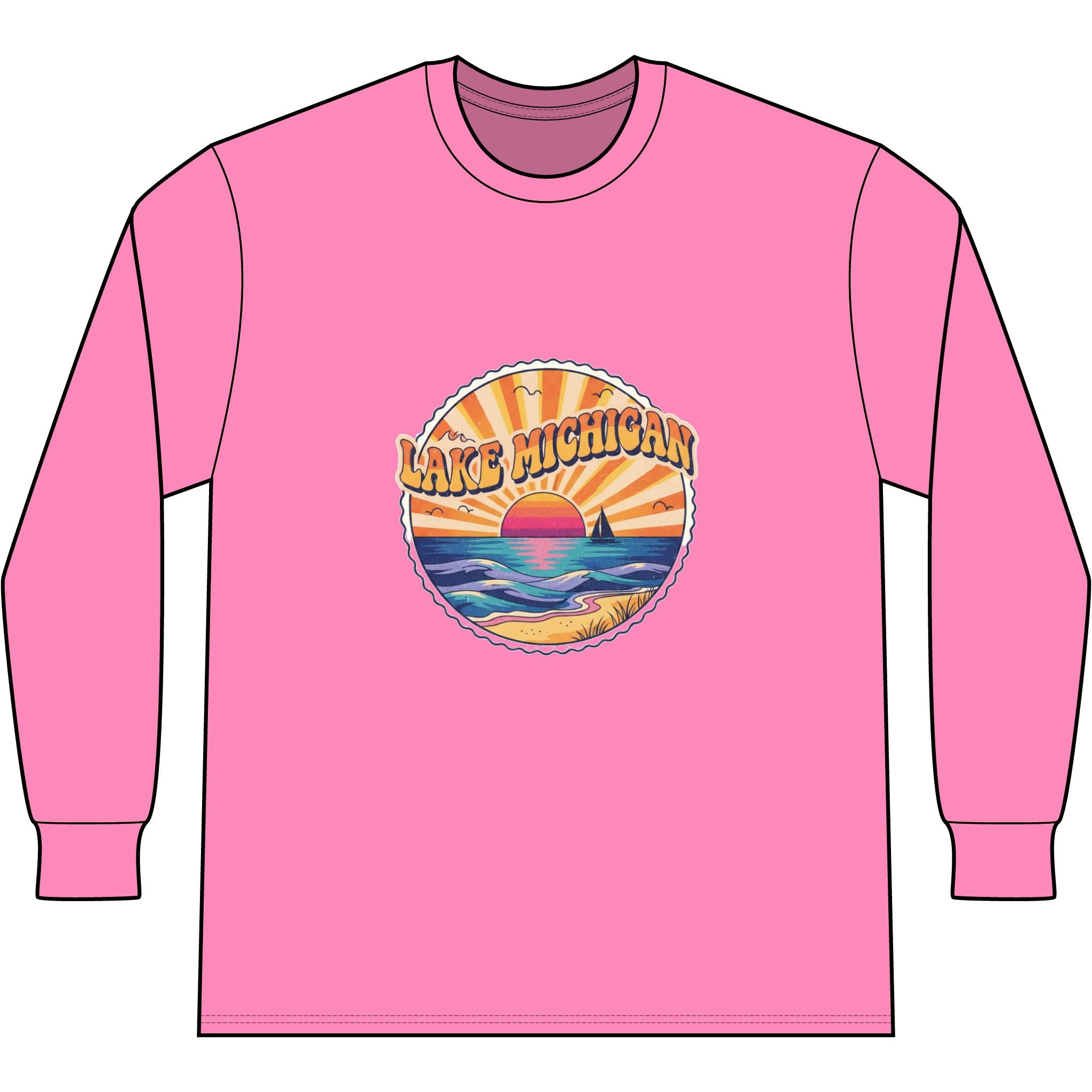 Lake Michigan Tie-Dye Long Sleeve Tee — Retro Sunset Beach Graphic