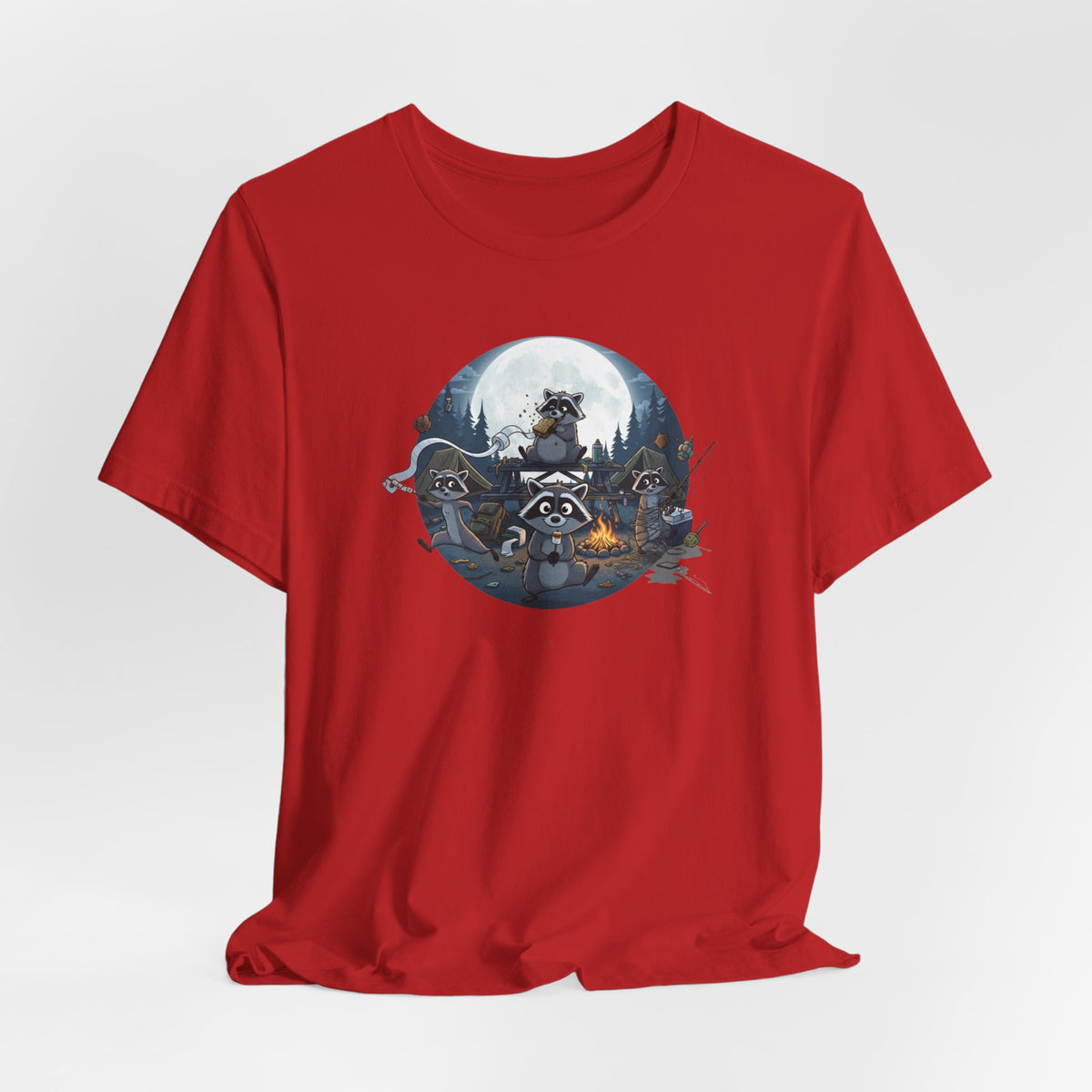 Moonlit Raccoon Camp Raiders Tee — Night Adventure Wildlife T-Shirt