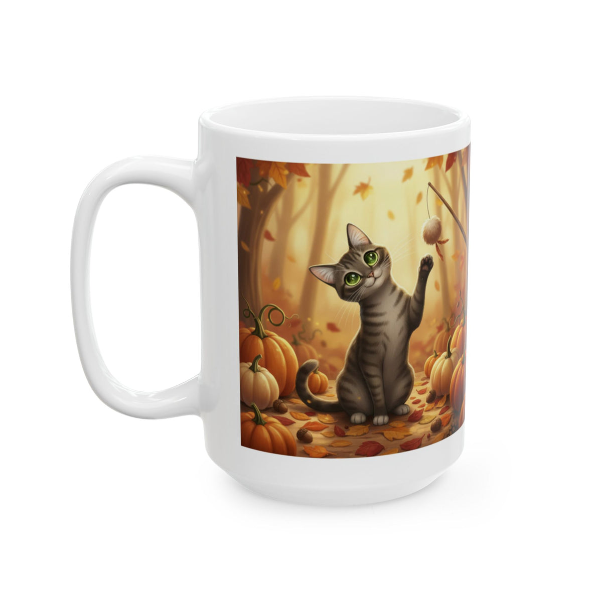 Autumn Pumpkin Cat Ceramic Mug — Fall Leaves Coffee Cup