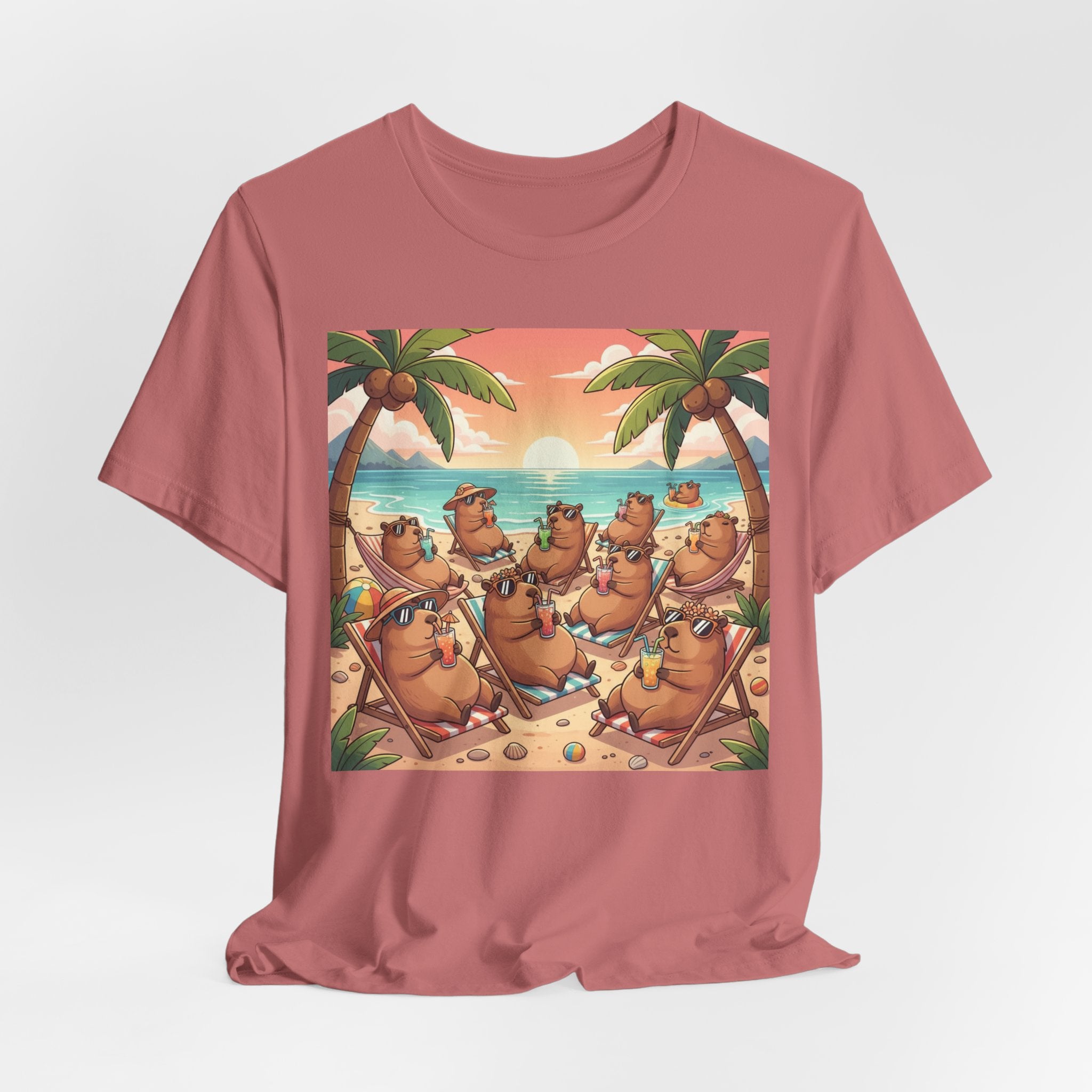 Capybaras on the Beach T-Shirt — Cute Sunset Palm Beachwear