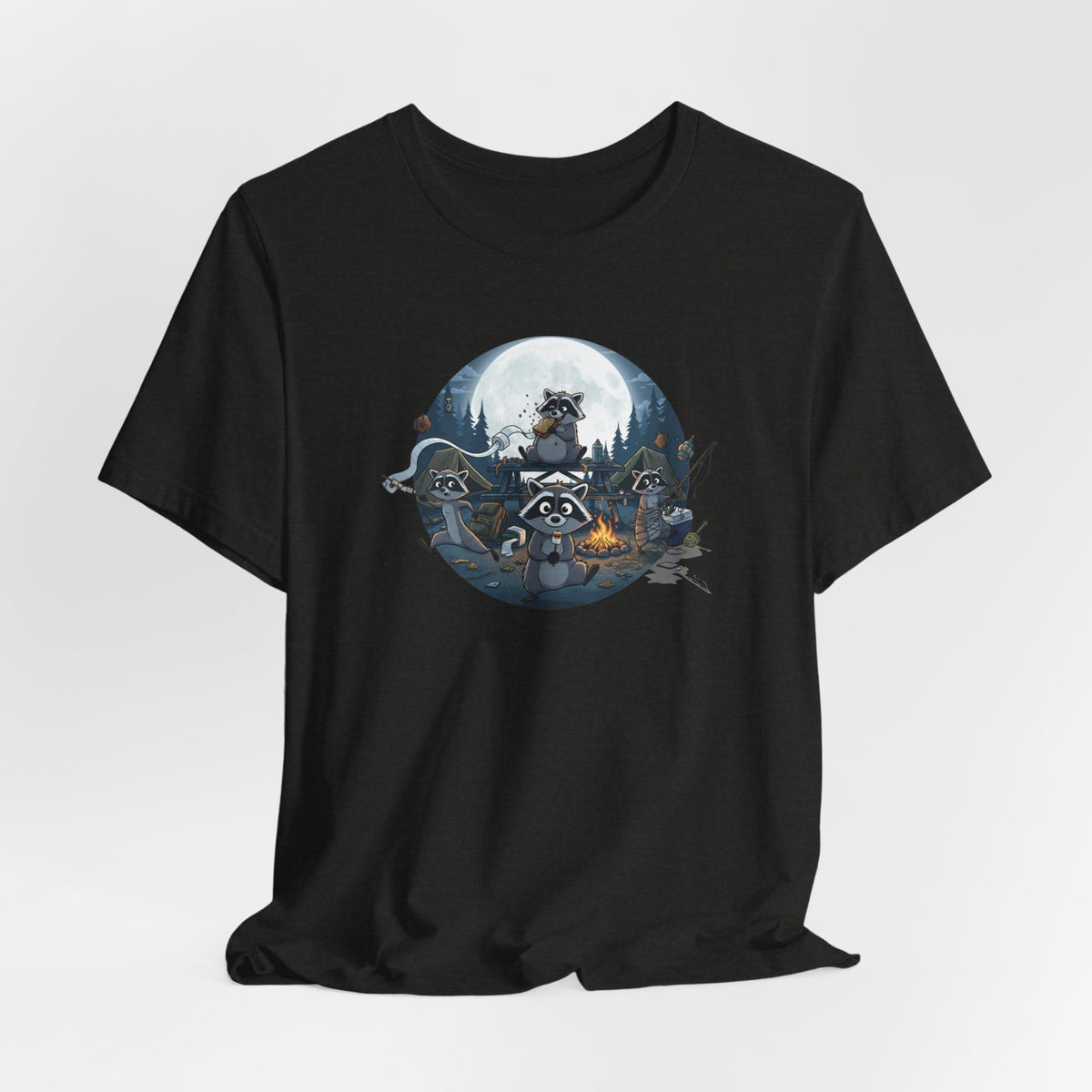 Moonlit Raccoon Camp Raiders Tee — Night Adventure Wildlife T-Shirt