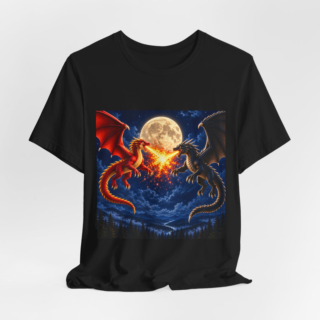 Dragon Duel Graphic Tee — Red vs Black Dragons Under Full Moon