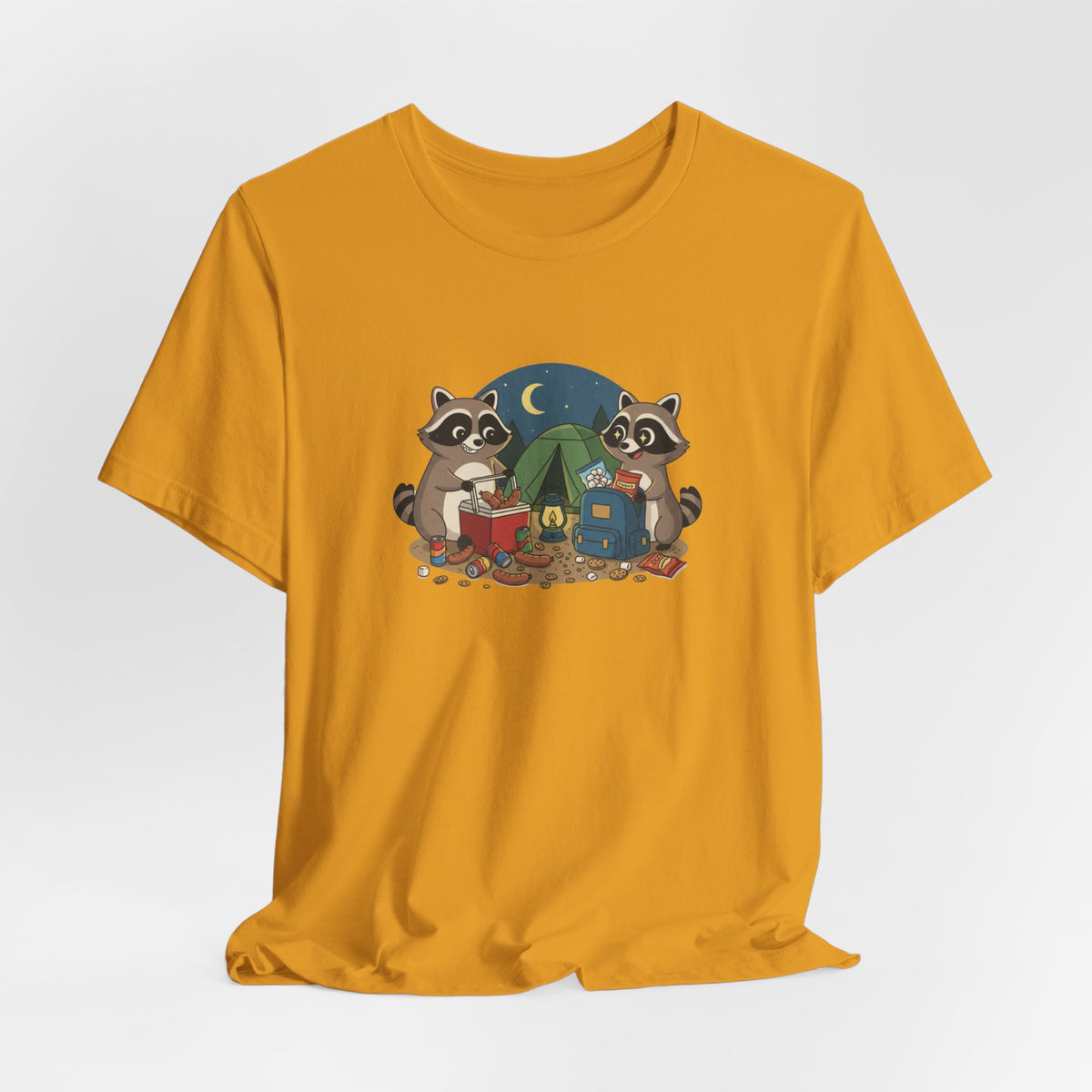Camping Raccoons Graphic Tee – Cute Nighttime Tent & Marshmallow Illustration