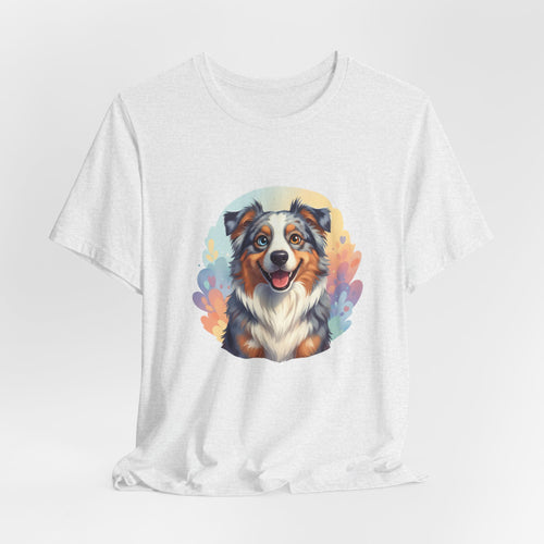 Australian Shepherd Dog Portrait T‑Shirt — Colorful Watercolor Pet Tee
