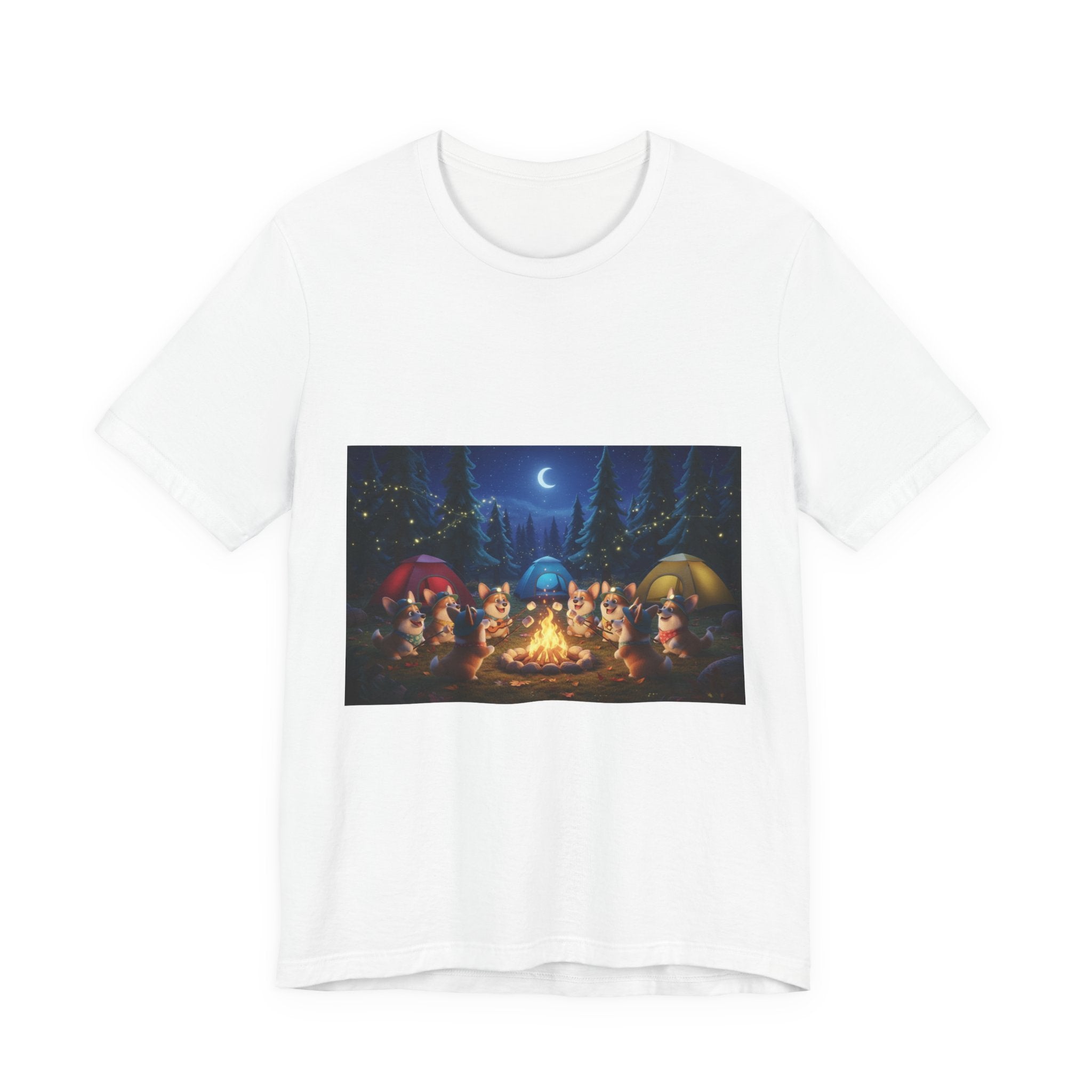 Camping Corgis Graphic Tee — Nighttime Campfire Scene with Tents and Stars