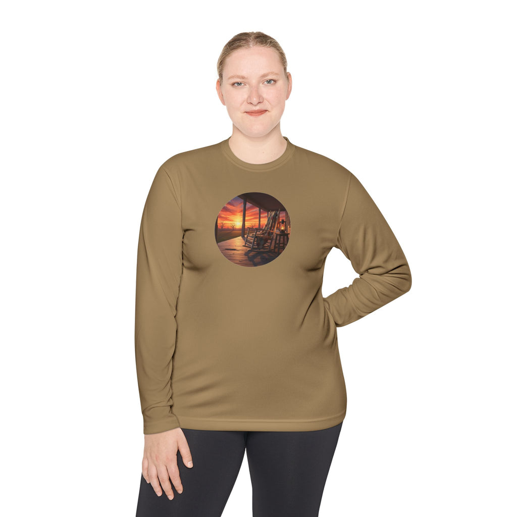 Sunset Porch Long Sleeve Tee — Coastal Beach Vibes Sunset Circle Graphic