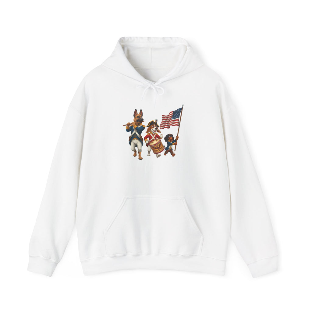 Patriotic Marching Dogs Hoodie — American Flag Puppy Parade Sweatshirt