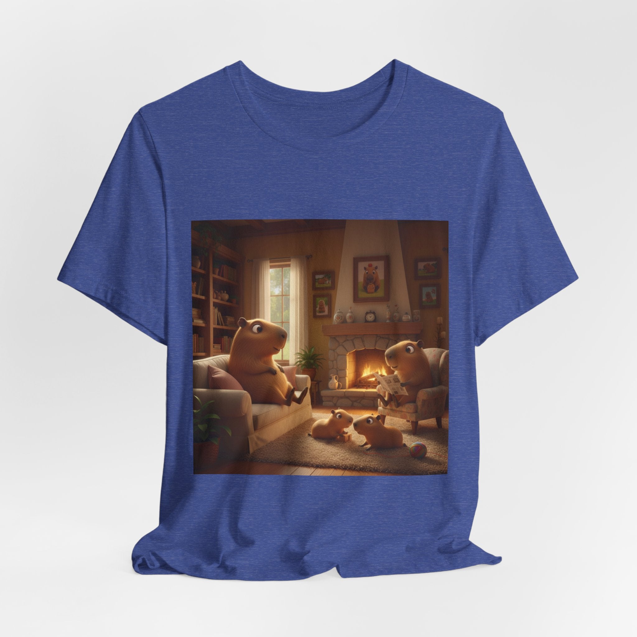 Capybara Family T‑Shirt — Warm Fireplace Family Home Scene Tee