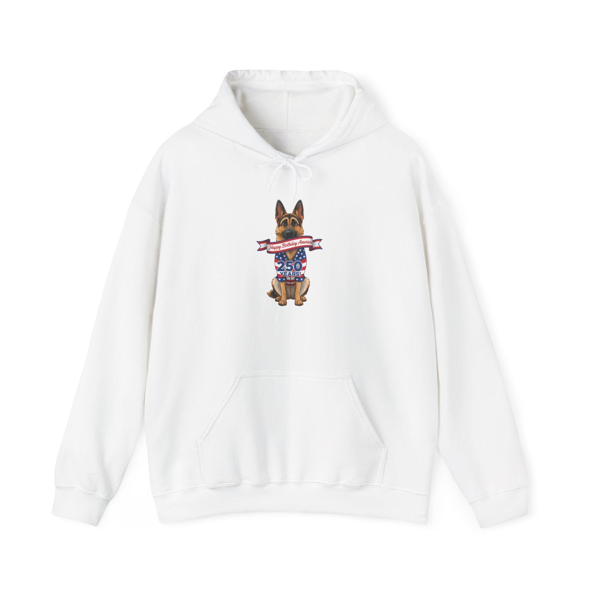 Patriotic German Shepherd Hoodie — USA Flag Dog Holding Banner Graphic