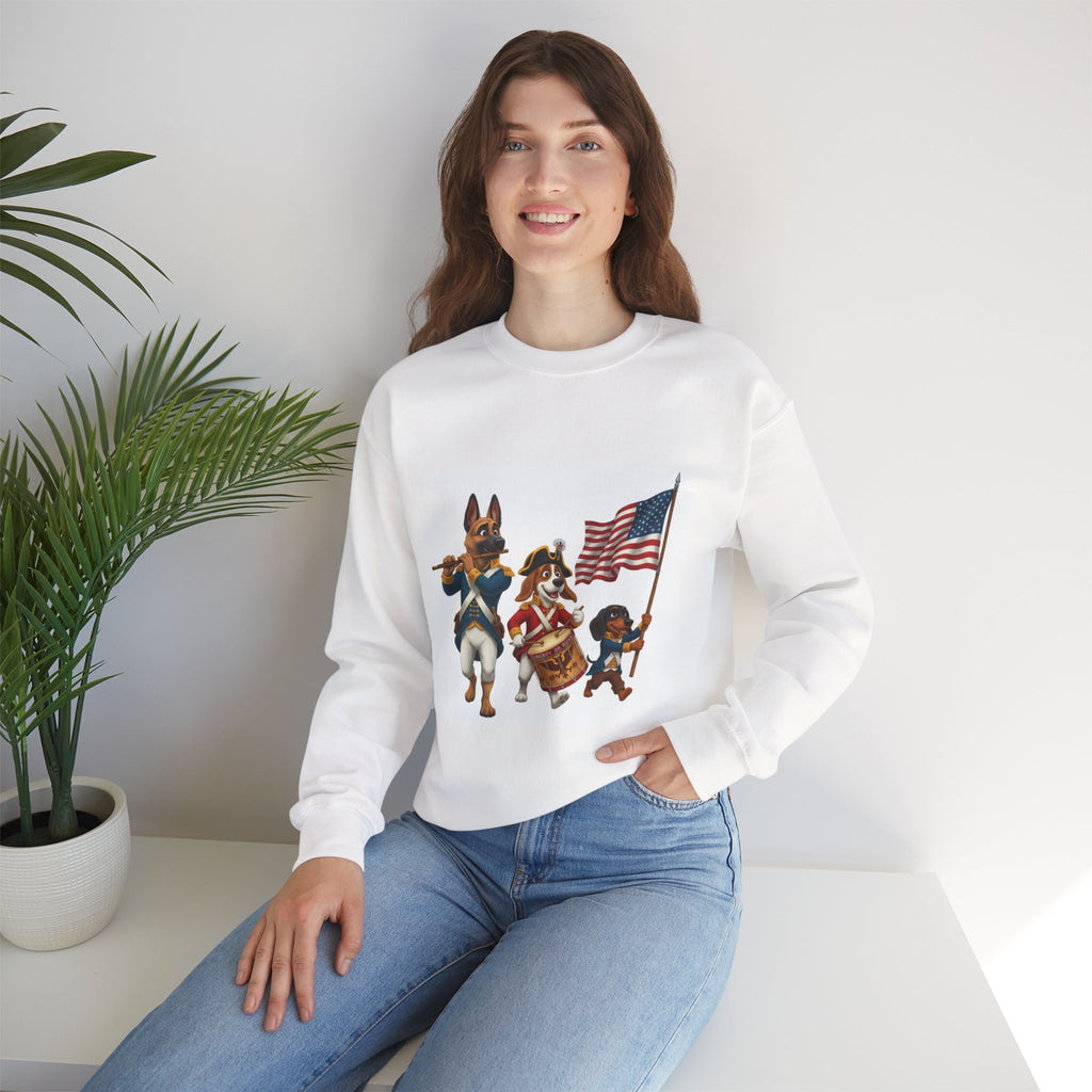Patriotic Dogs March Crewneck Sweatshirt — Flag-Bearing Drummer & Fifer Design