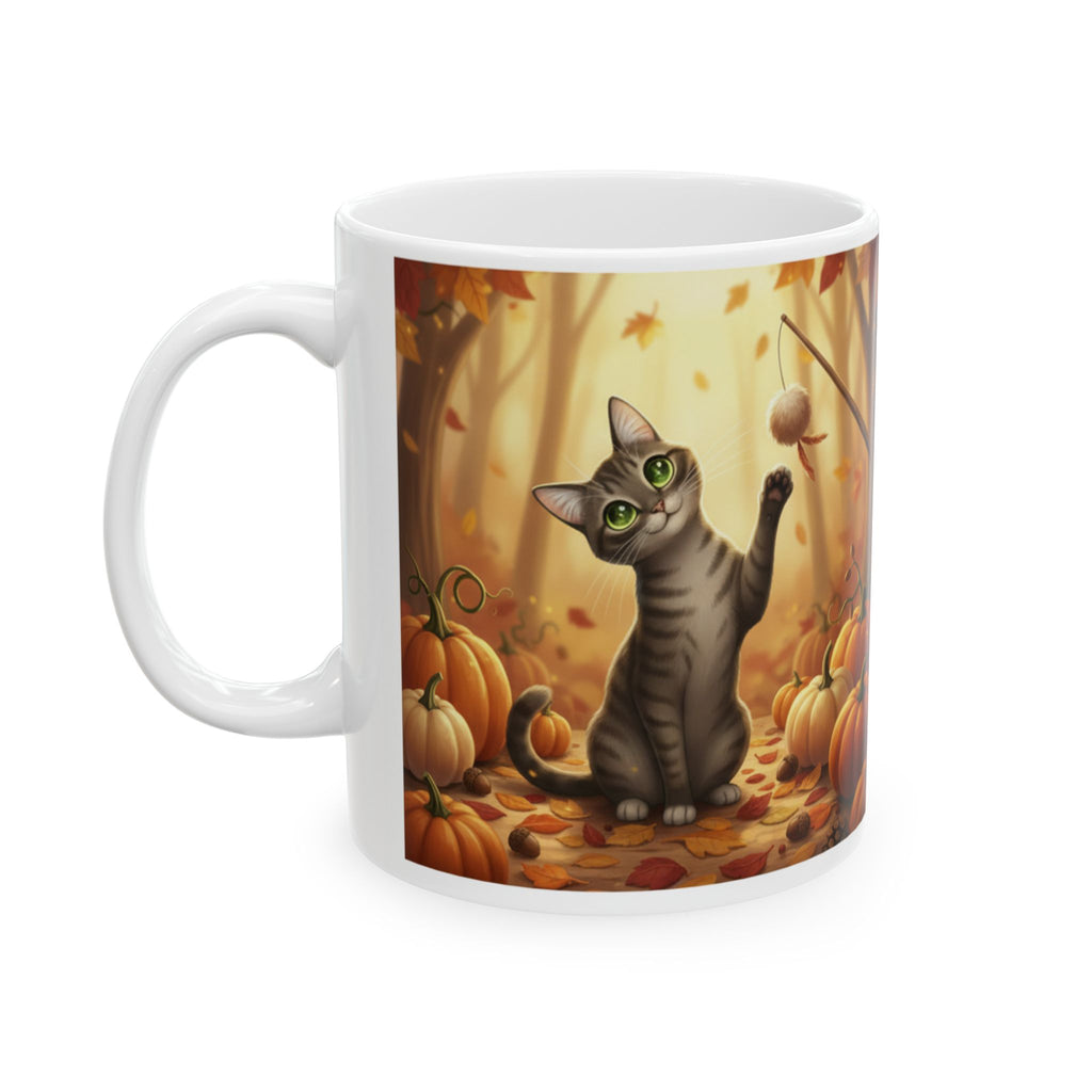 Autumn Pumpkin Cat Ceramic Mug — Fall Leaves Coffee Cup