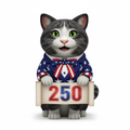 Patriotic Kitty t-shirt design featuring a Pixar-style black and white cat in red, white, and blue patriotic coat holding a 250 banner