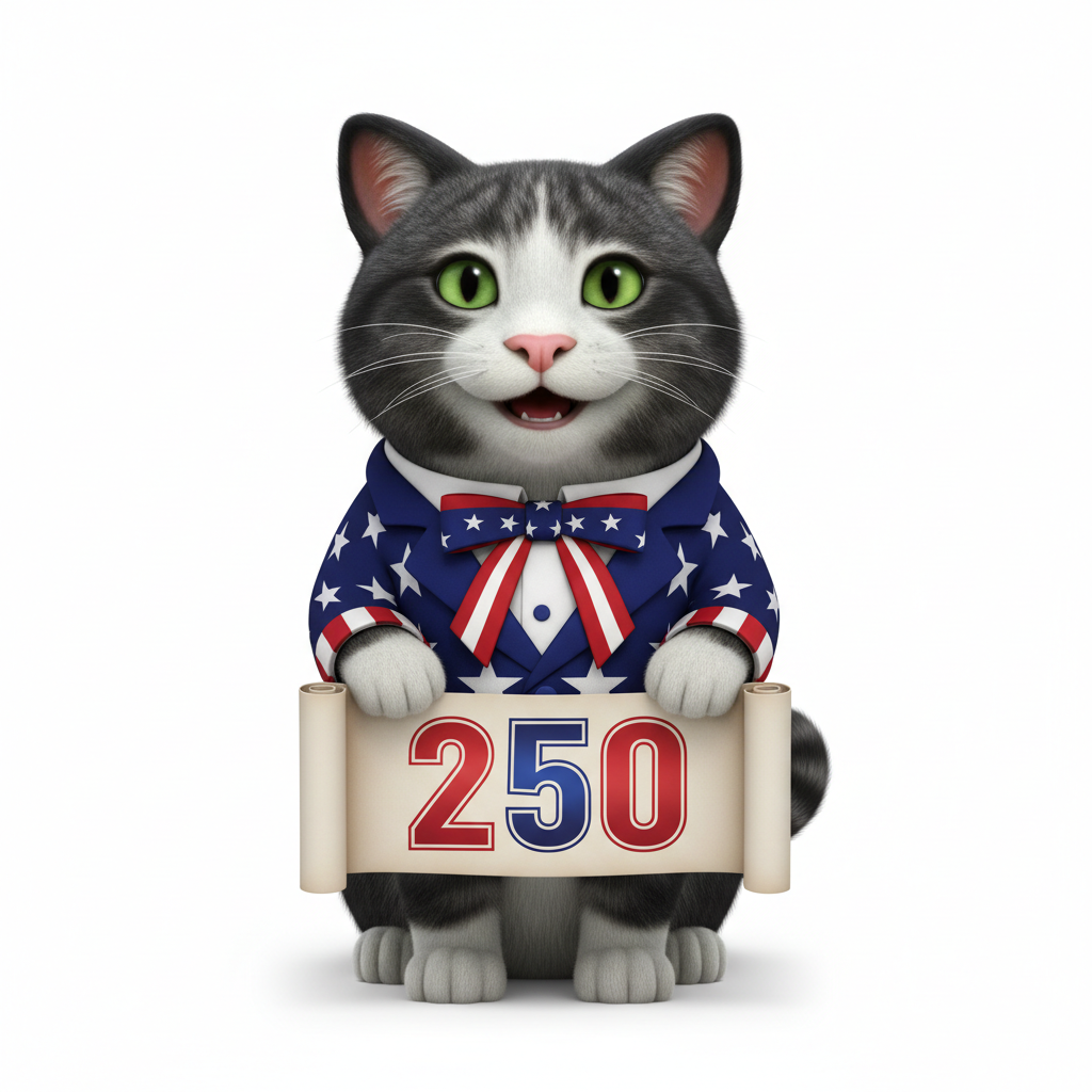 Patriotic Kitty t-shirt design featuring a Pixar-style black and white cat in red, white, and blue patriotic coat holding a 250 banner